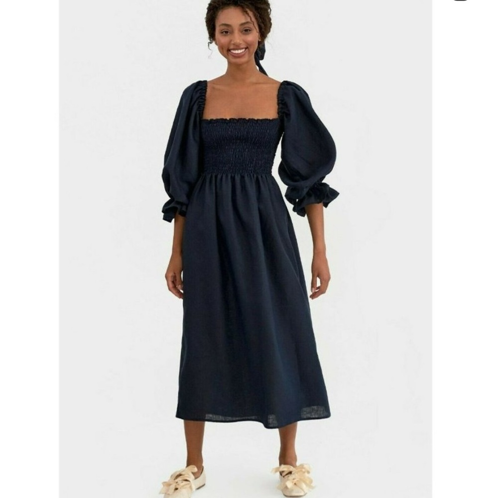 Sleeper Atlanta Linen Dress Medium Navy Blue